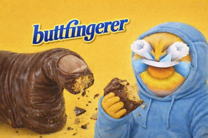 The buttfingerer mascot, a laughing-crying face in a blue hoodie, biting into a buttfingerer bar